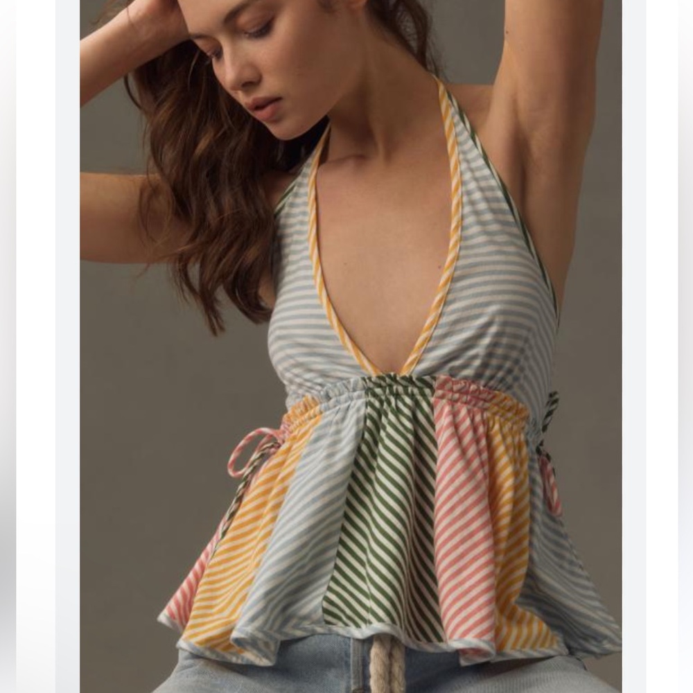 Anthropologie Pastel Striped Halter Peplum Camisole — Blue, Yellow, Green, Pink